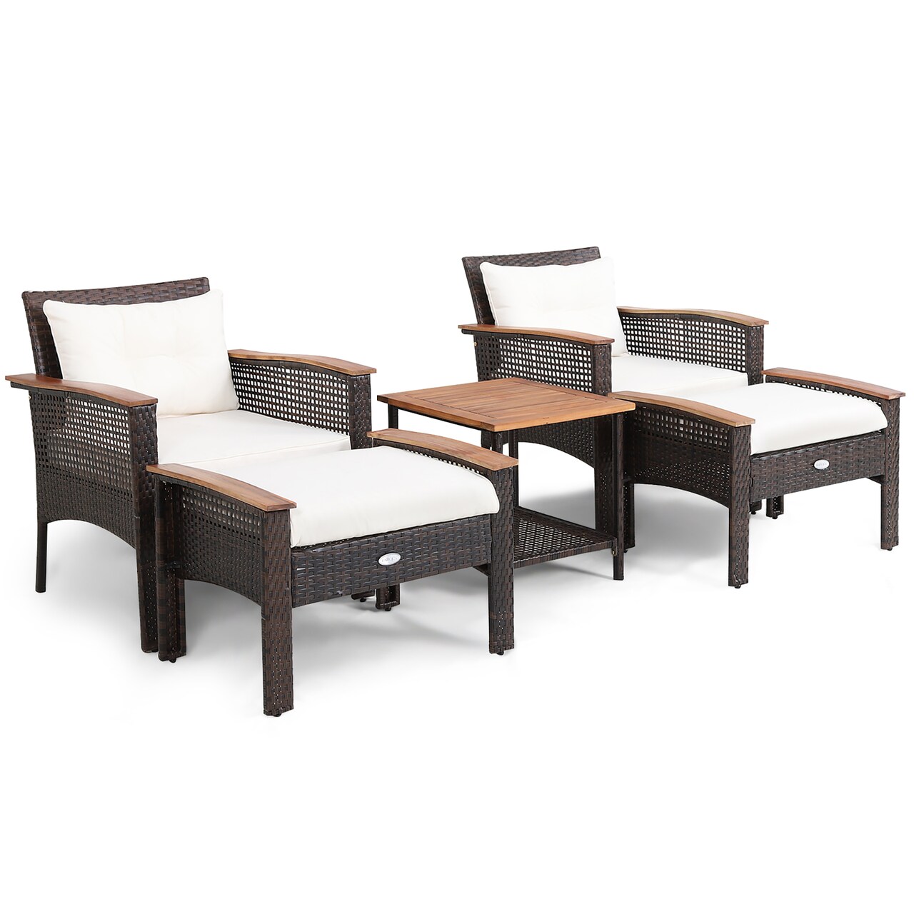 5 Pieces Mix Brown Rattan Patio Set with Off-White Cushions and Acacia Table